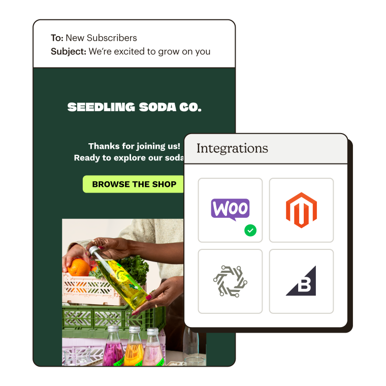 Example of an email automation sent to new subscribers, alongside 4 possible e-commerce integrations.